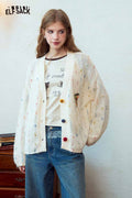 Loose Speckled Knit Sweater with Pumpkin Buttons