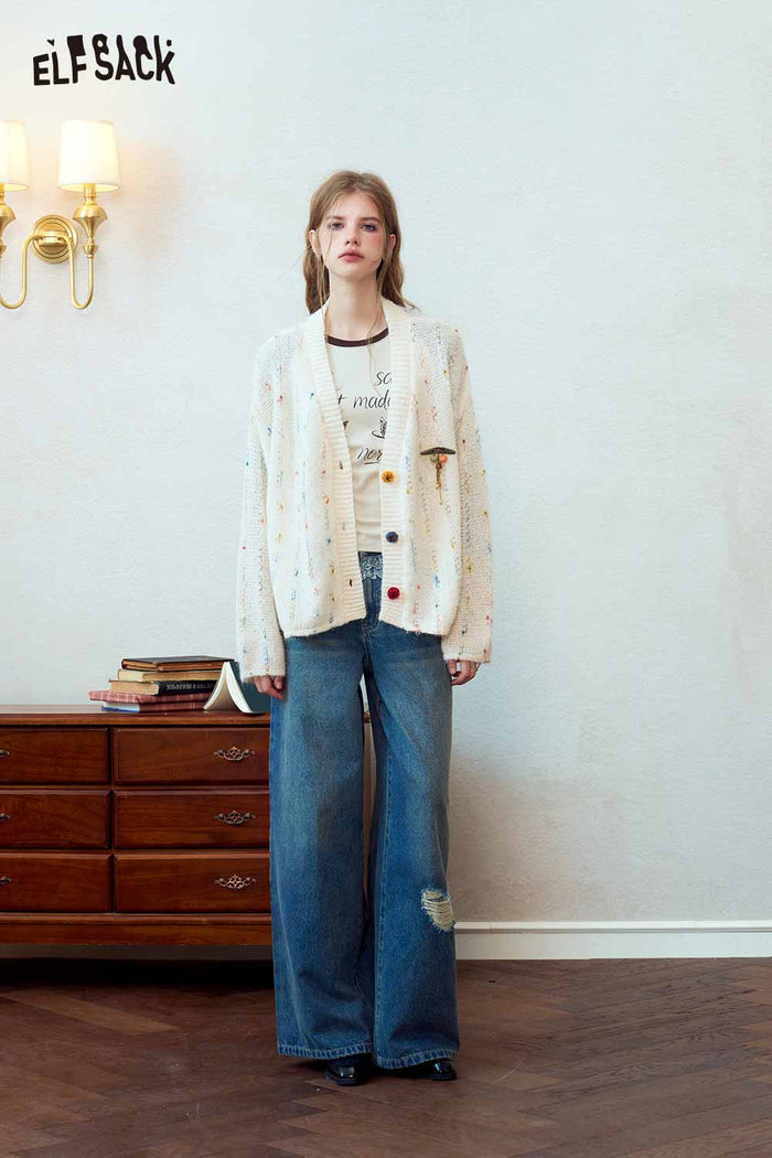 Loose Speckled Knit Sweater with Pumpkin Buttons