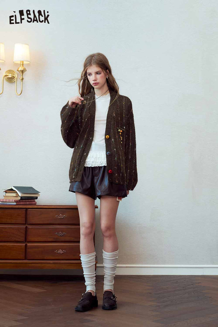 Loose Speckled Knit Sweater with Pumpkin Buttons