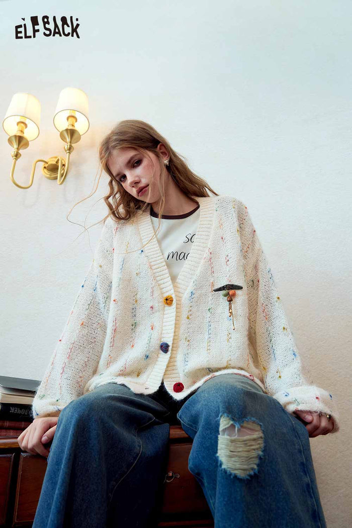 Loose Speckled Knit Sweater with Pumpkin Buttons