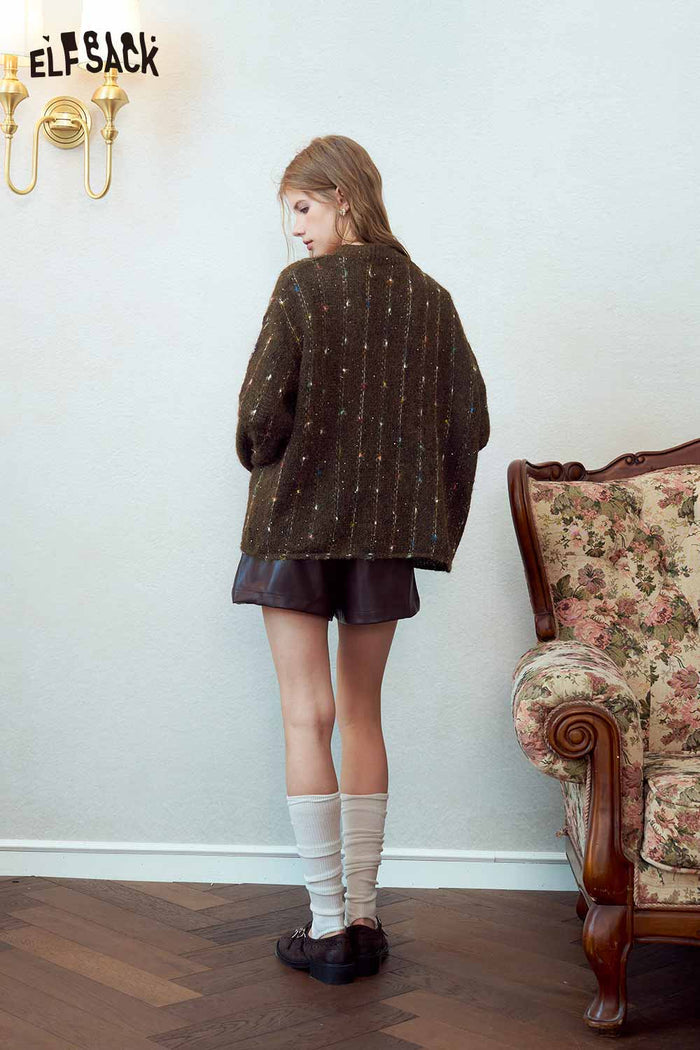 Loose Speckled Knit Sweater with Pumpkin Buttons