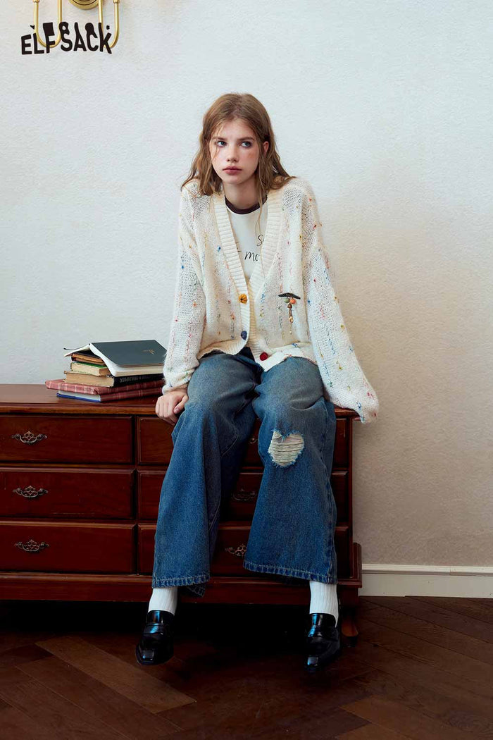 Loose Speckled Knit Sweater with Pumpkin Buttons