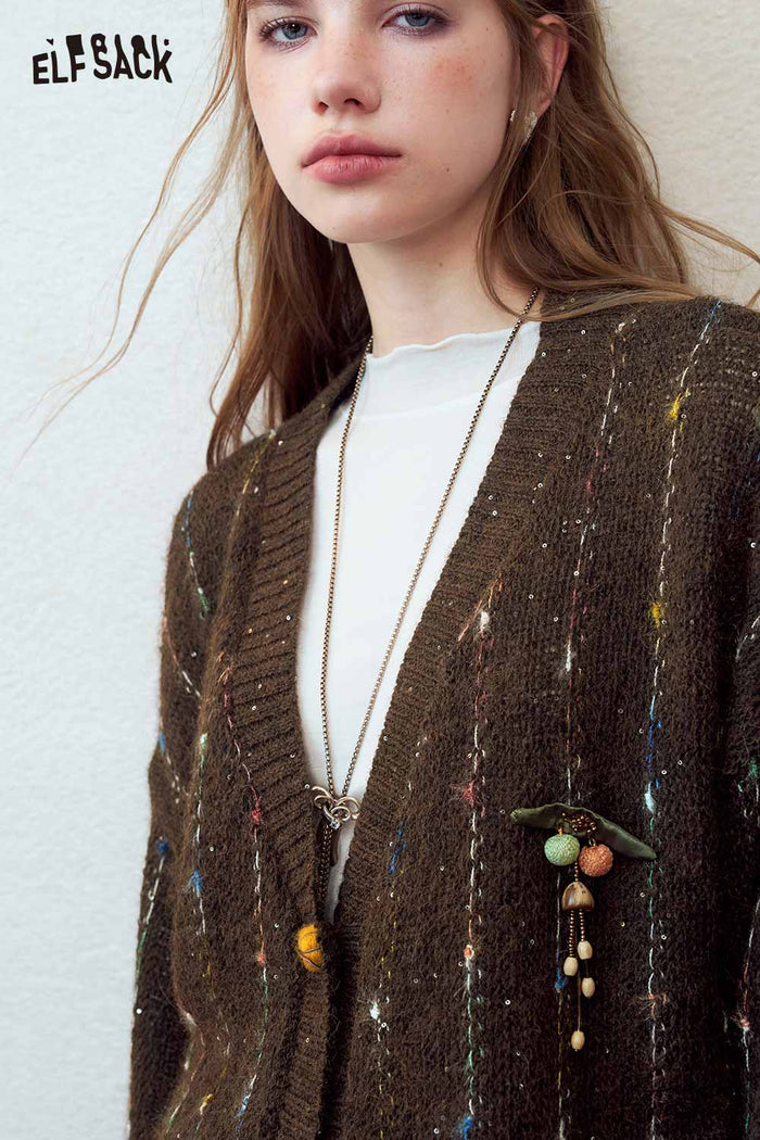 Loose Speckled Knit Sweater with Pumpkin Buttons