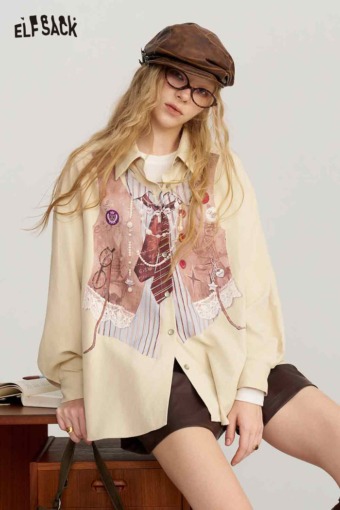 Loose Striped Faux Vest Tie Necklace Print Blouse