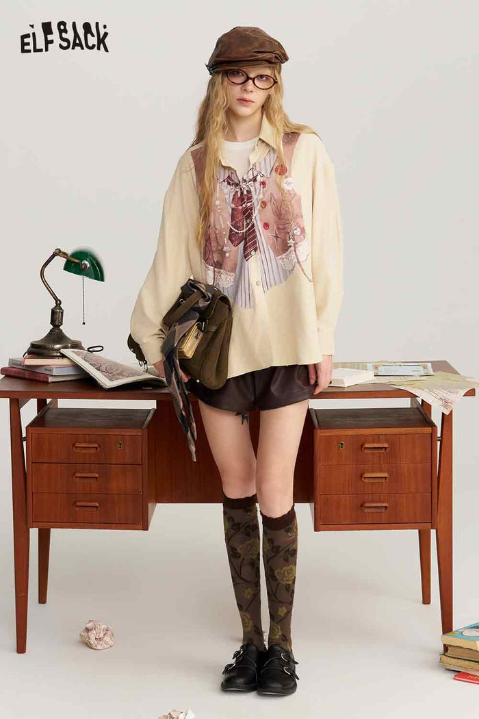 Loose Striped Faux Vest Tie Necklace Print Blouse
