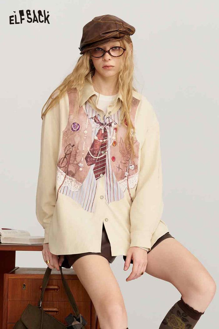 Loose Striped Faux Vest Tie Necklace Print Blouse