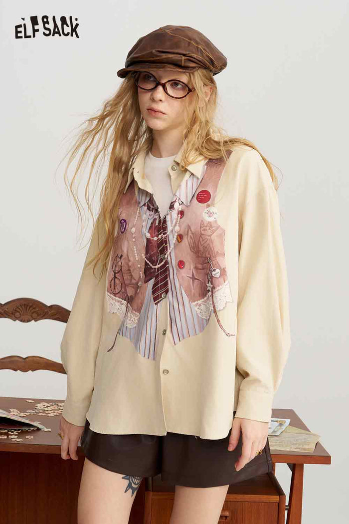 Loose Striped Faux Vest Tie Necklace Print Blouse