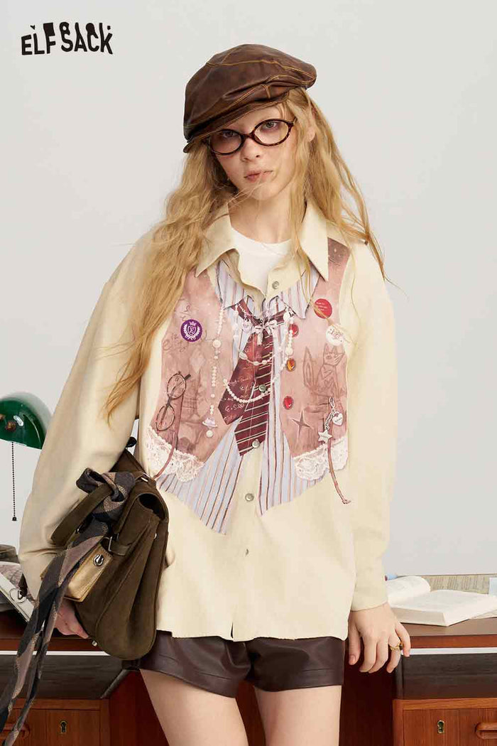 Loose Striped Faux Vest Tie Necklace Print Blouse