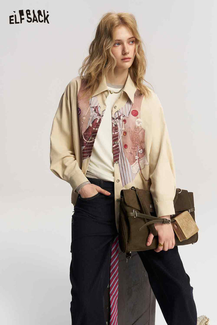 Loose Striped Faux Vest Tie Necklace Print Blouse