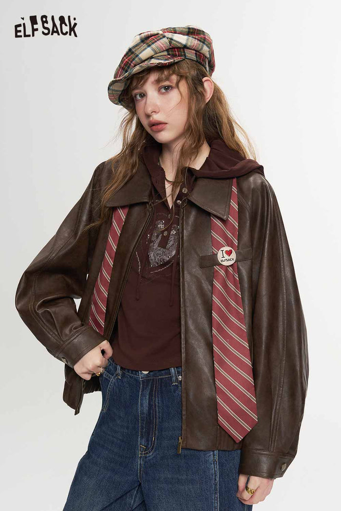 Loose Vintage Preppy Short Jacket with Striped Tie Badge