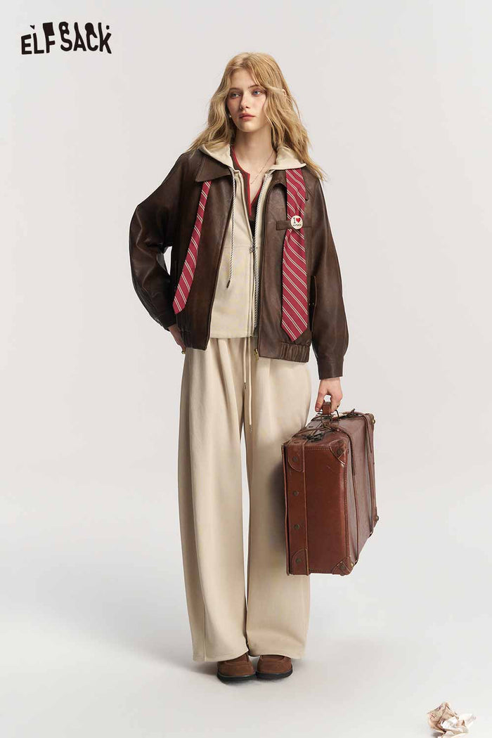 Loose Vintage Preppy Short Jacket with Striped Tie Badge