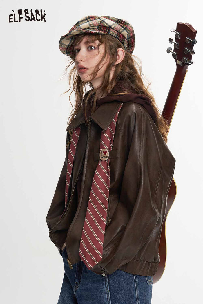 Loose Vintage Preppy Short Jacket with Striped Tie Badge