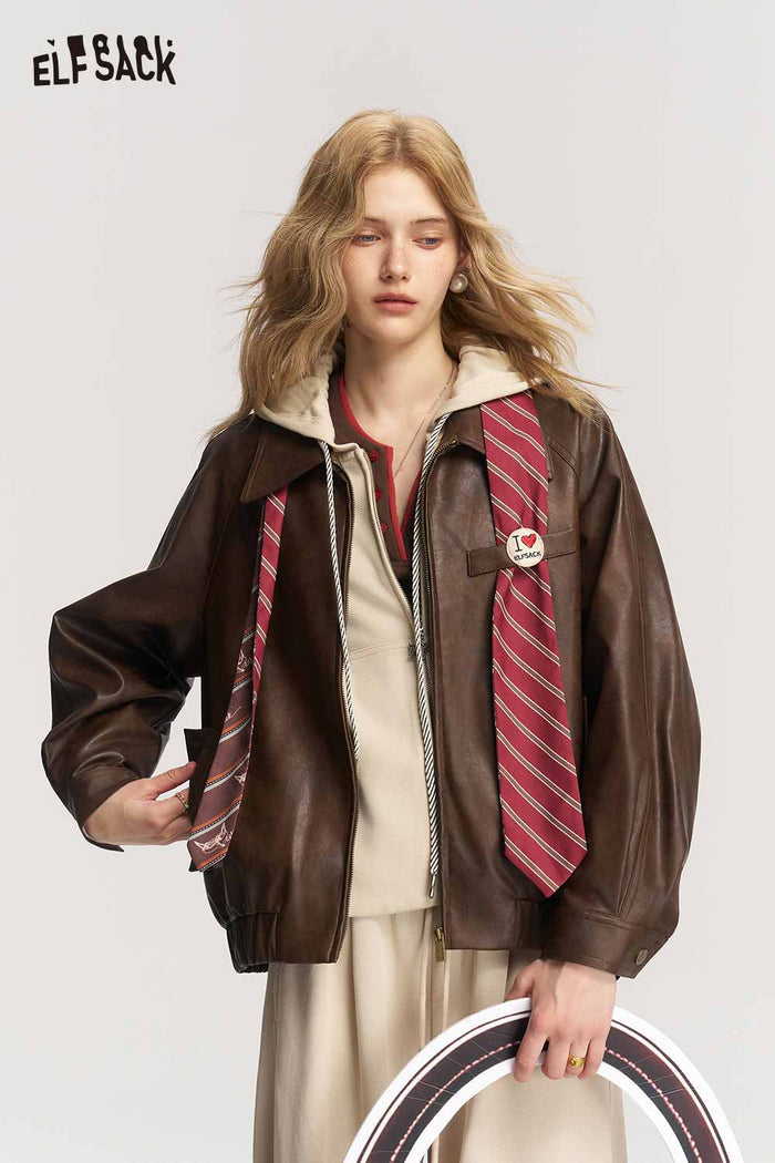 Loose Vintage Preppy Short Jacket with Striped Tie Badge