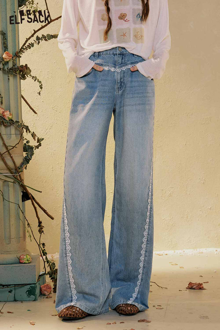 ELFSACK Loose Wide Leg Contrast Stitch Blue Jeans
