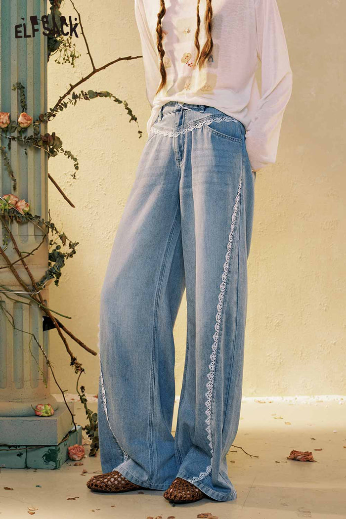 ELFSACK Loose Wide Leg Contrast Stitch Blue Jeans