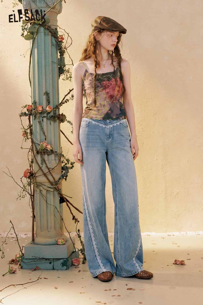 ELFSACK Loose Wide Leg Contrast Stitch Blue Jeans