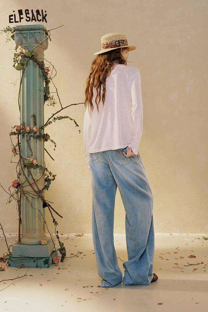 ELFSACK Loose Wide Leg Contrast Stitch Blue Jeans
