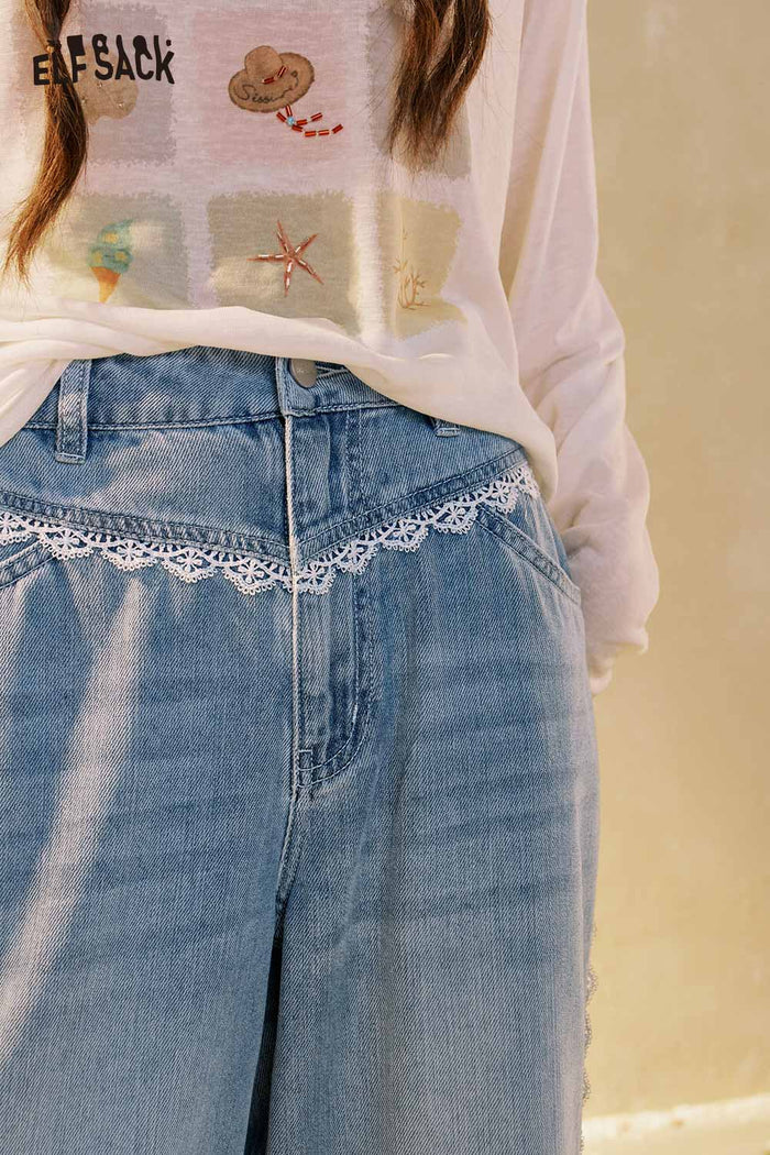ELFSACK Loose Wide Leg Contrast Stitch Blue Jeans
