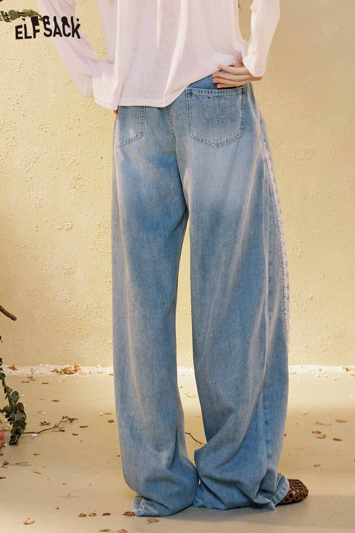 ELFSACK Loose Wide Leg Contrast Stitch Blue Jeans