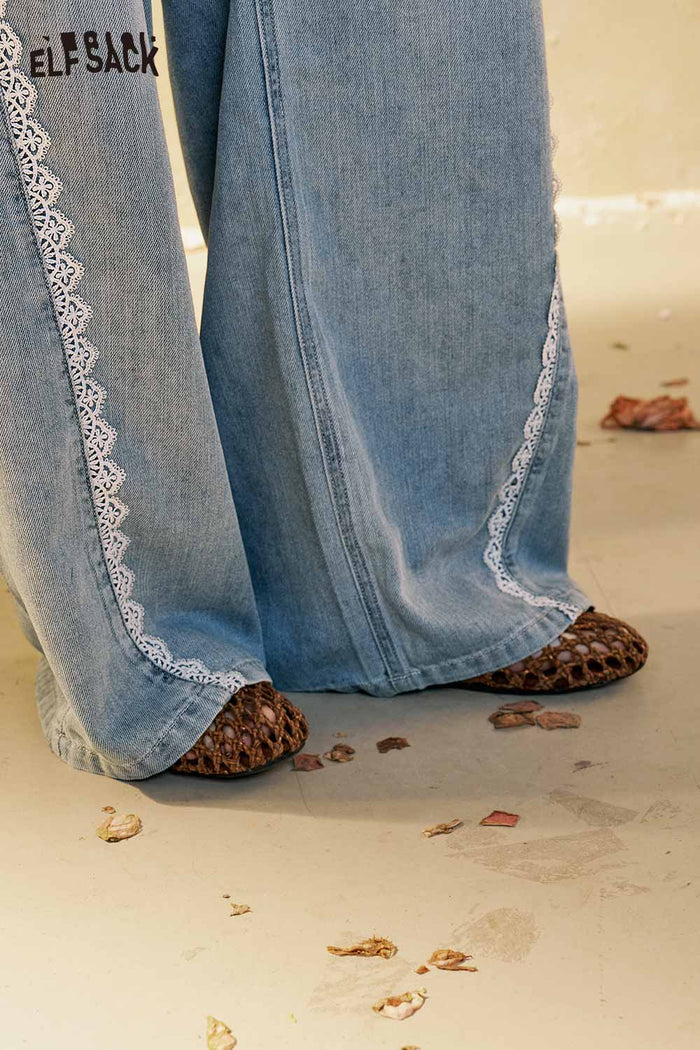 ELFSACK Loose Wide Leg Contrast Stitch Blue Jeans