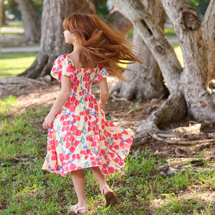 Lucy Smocked Tiered Puffy Sleeve Dress - Red Pinwheel - Sugar Bee Clothing