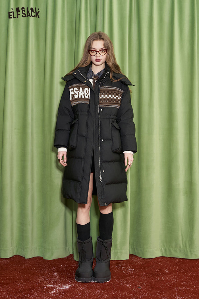 ELFSACK Maillard duck down PU leather long hooded down coat