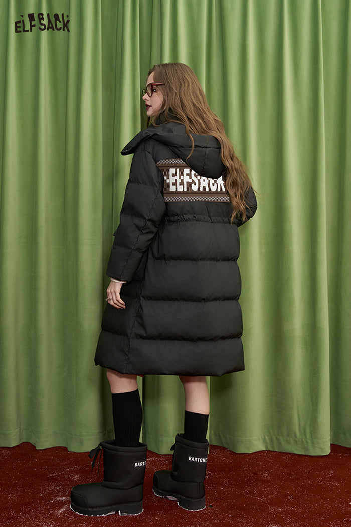 ELFSACK Maillard duck down PU leather long hooded down coat