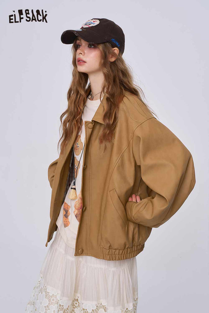 ELFSACK Matte PU Tailored Collar Slim-Fit Moto Jacket