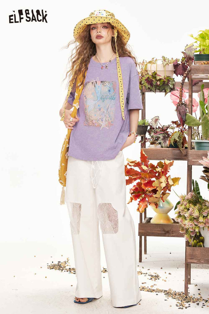 ELFSACK Mermaid Print Oversized T-Shirt