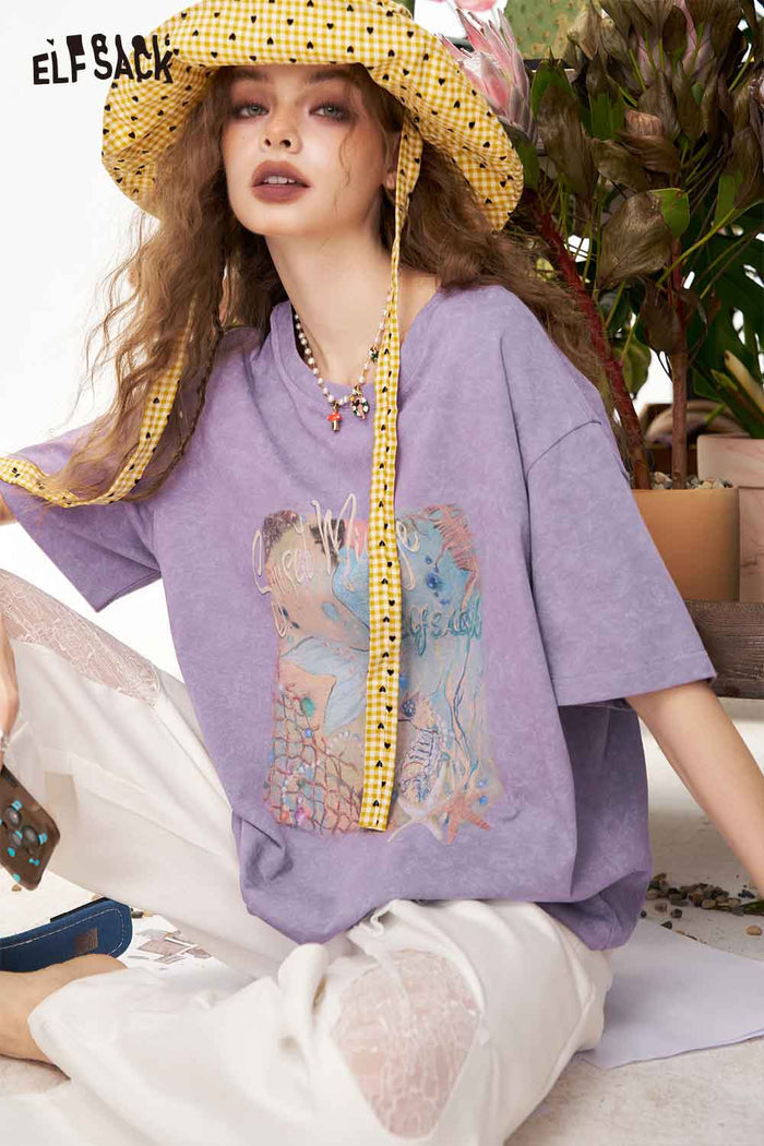 ELFSACK Mermaid Print Oversized T-Shirt