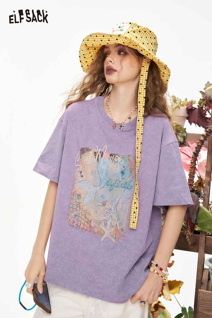 ELFSACK Mermaid Print Oversized T-Shirt