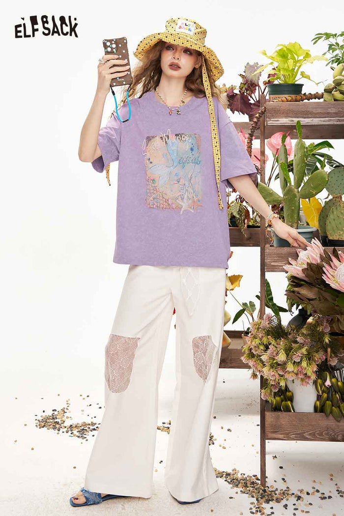 ELFSACK Mermaid Print Oversized T-Shirt