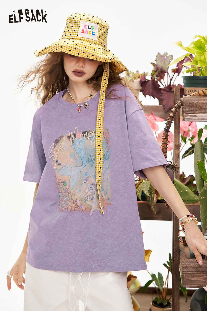 ELFSACK Mermaid Print Oversized T-Shirt