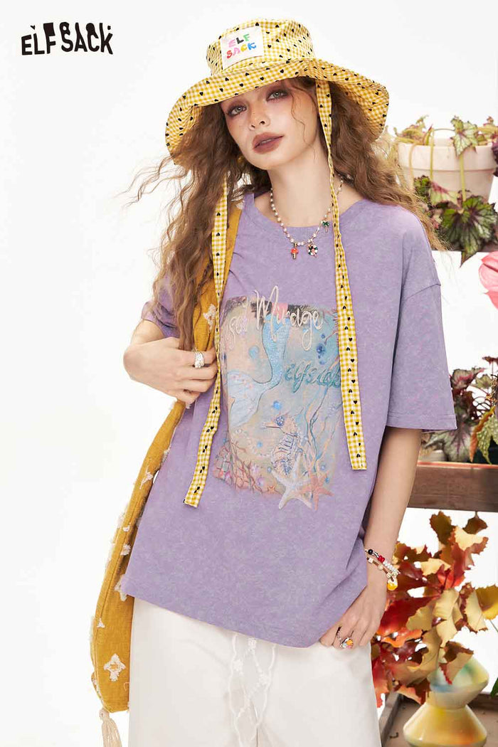 ELFSACK Mermaid Print Oversized T-Shirt