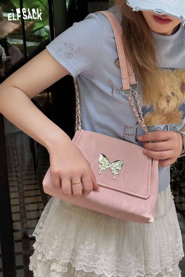 ELFSACK Metal Butterfly Leather Chain Strap Sweet Shoulder Bag