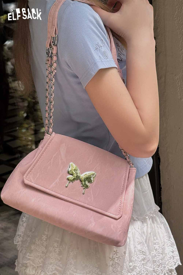 ELFSACK Metal Butterfly Leather Chain Strap Sweet Shoulder Bag