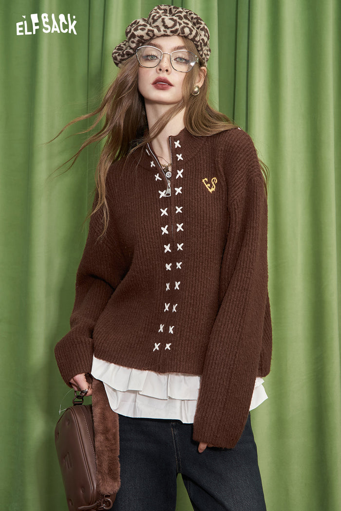 ELFSACK Milard Embroidered Knitted Cardigan Women Soft Sweater with Zipper