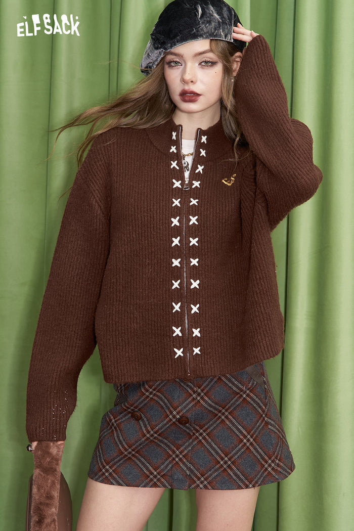 ELFSACK Milard Embroidered Knitted Cardigan Women Soft Sweater with Zipper