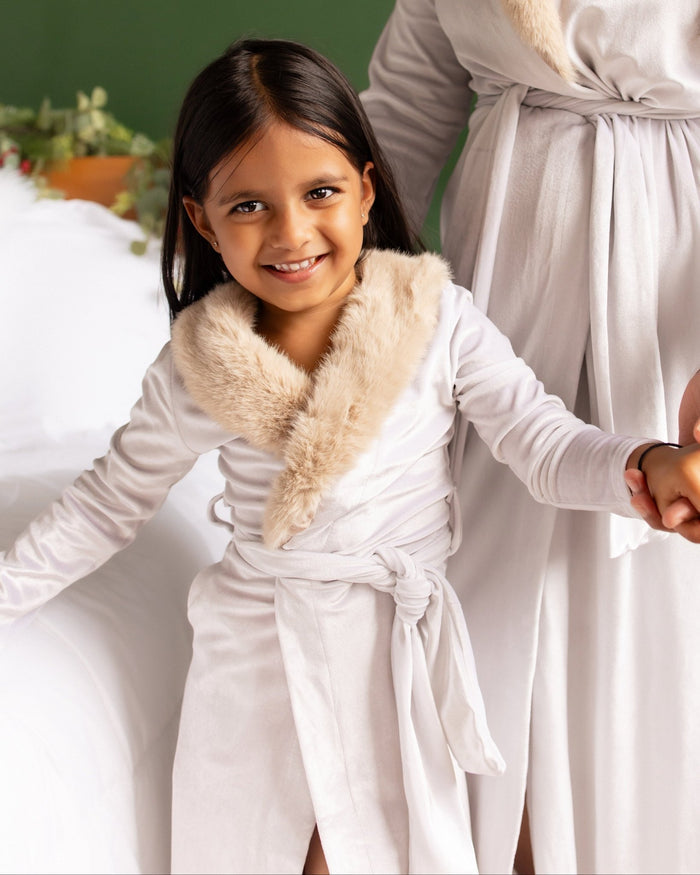 Mini Eleanor Fur Trimmed Robe - Cafe Au Lait - Sugar Bee Clothing