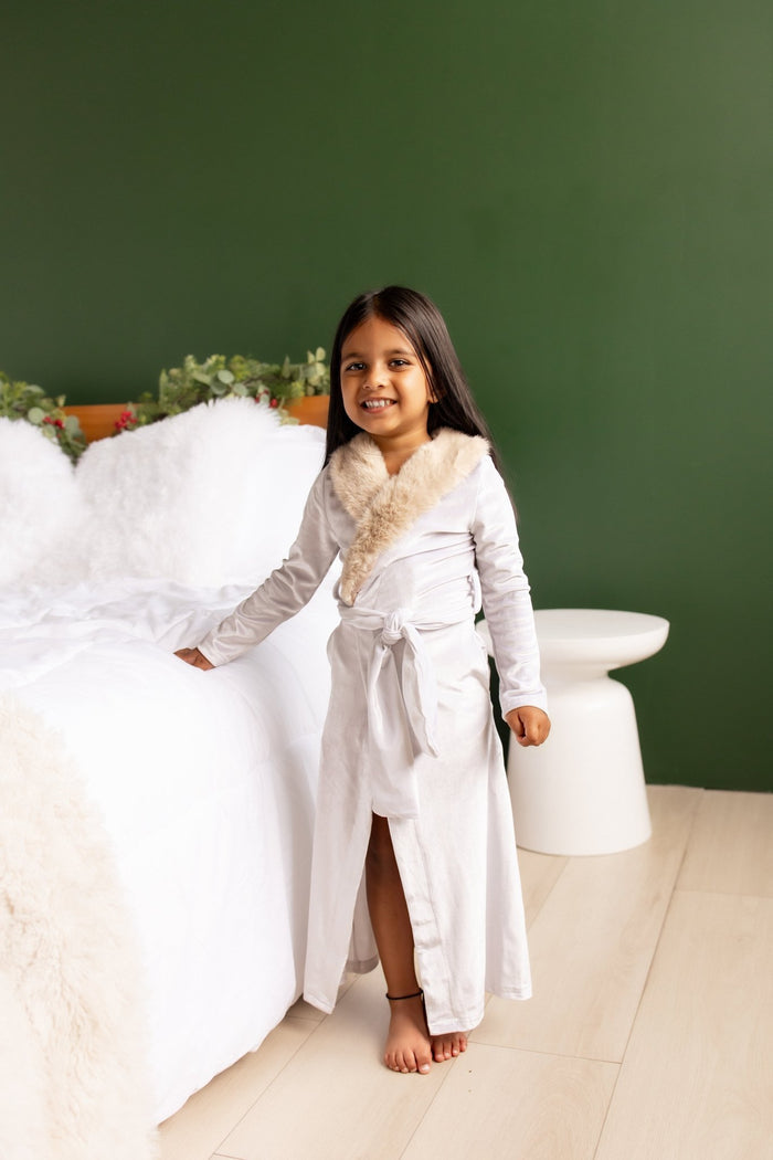 Mini Eleanor Fur Trimmed Robe - Cafe Au Lait - Sugar Bee Clothing