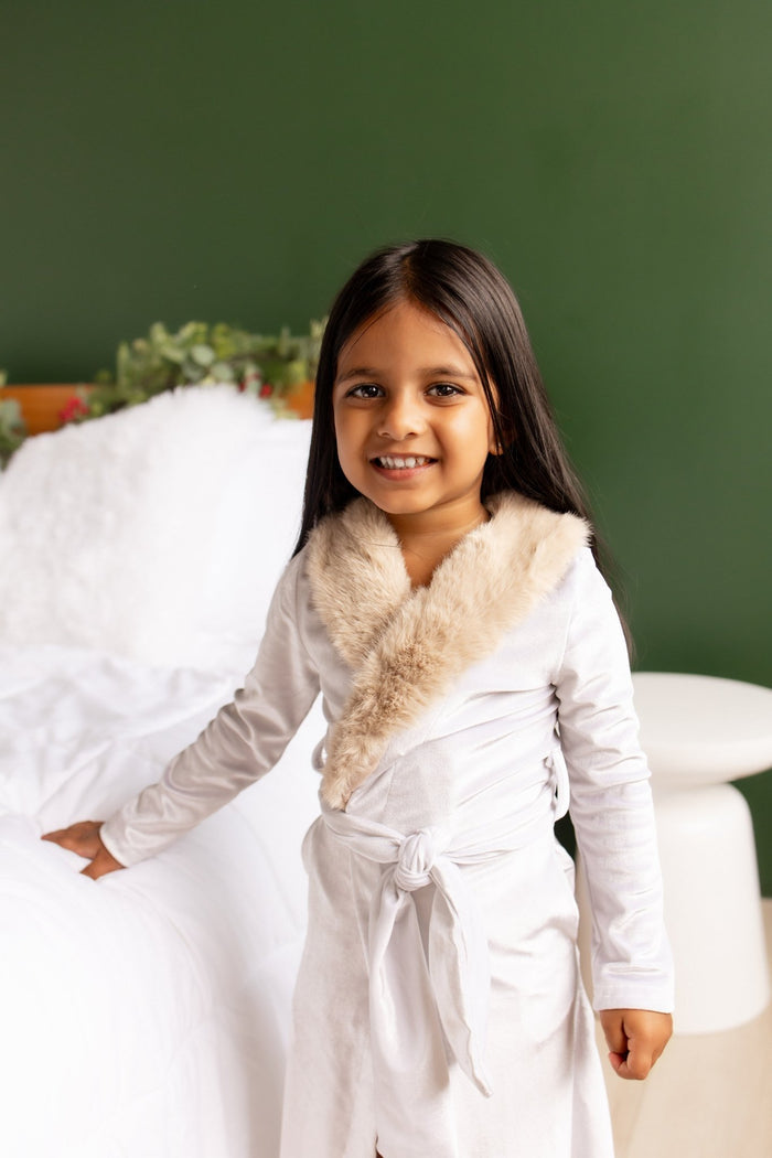 Mini Eleanor Fur Trimmed Robe - Cafe Au Lait - Sugar Bee Clothing