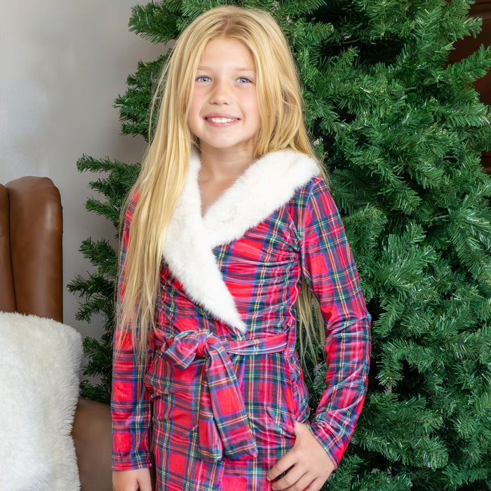 Mini Eleanor Fur Trimmed Robe - Tartan - Sugar Bee Clothing