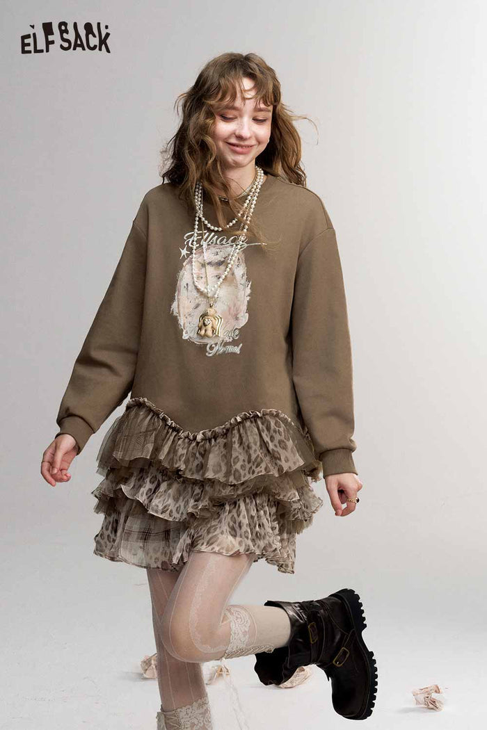 Mini Graphic Print Tiered Ruffle Sweatshirt Dress
