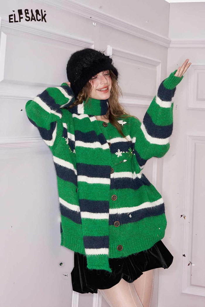 ELFSACK Minimalist Casual Loose Long Stripe Knit Cardigan