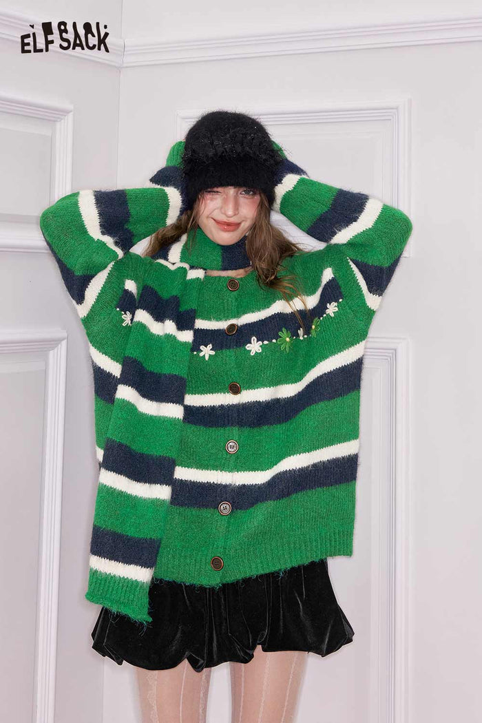 ELFSACK Minimalist Casual Loose Long Stripe Knit Cardigan