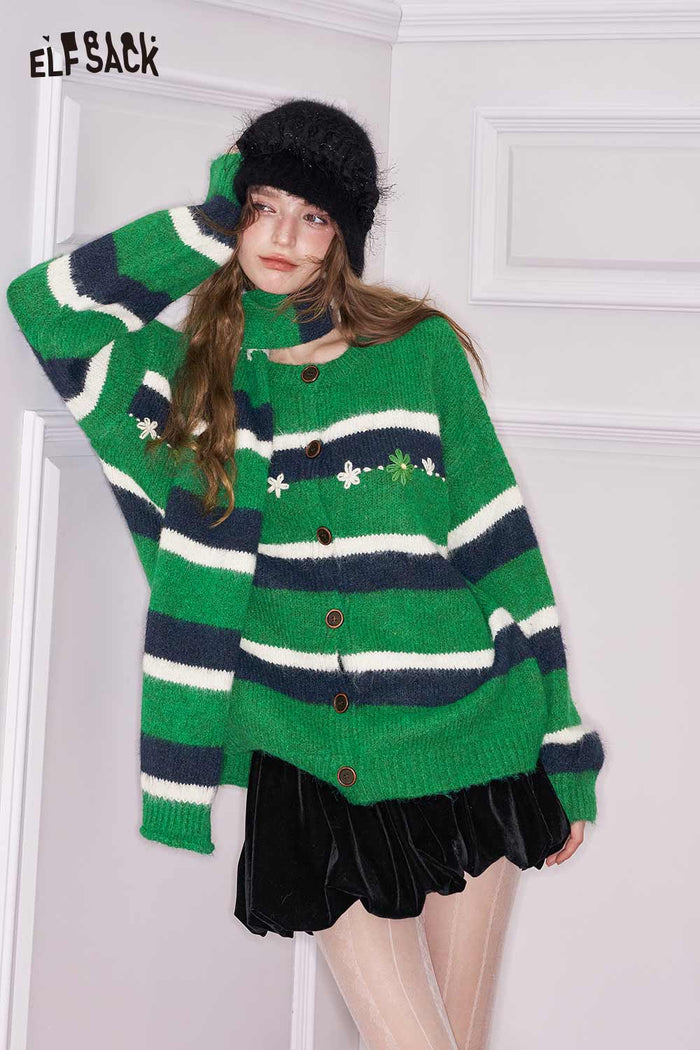 ELFSACK Minimalist Casual Loose Long Stripe Knit Cardigan
