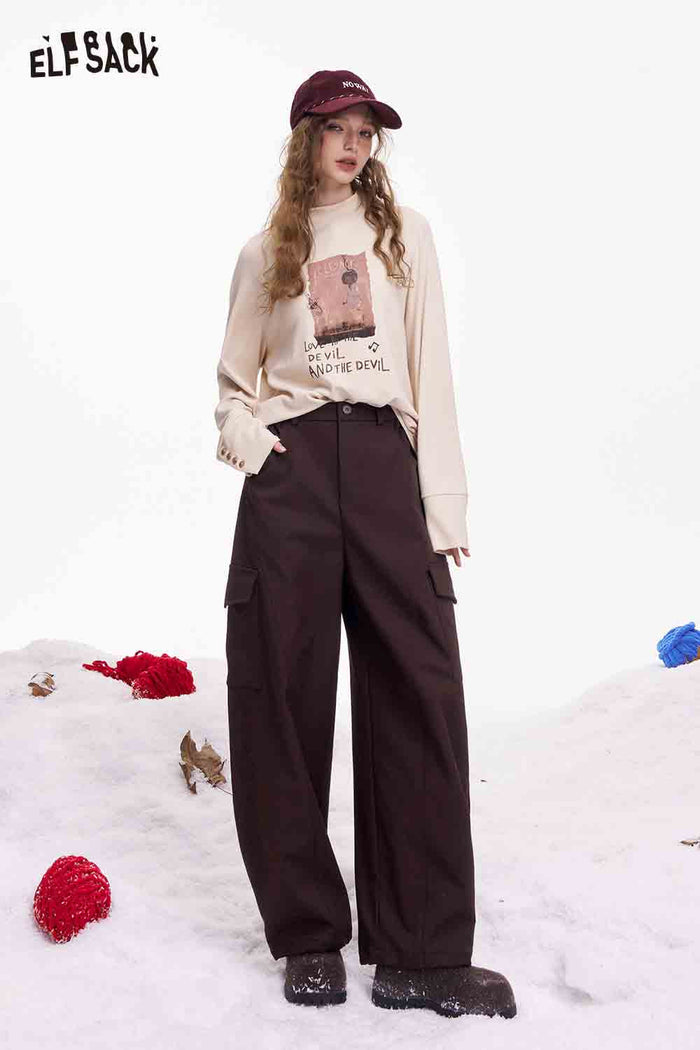 ELFSACK Minimalist Casual Loose Solid Large Pocket Cargo Pants