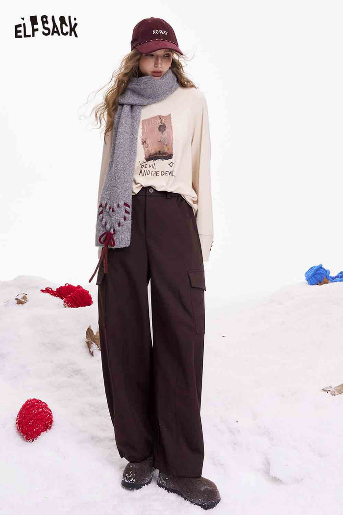 ELFSACK Minimalist Casual Loose Solid Large Pocket Cargo Pants