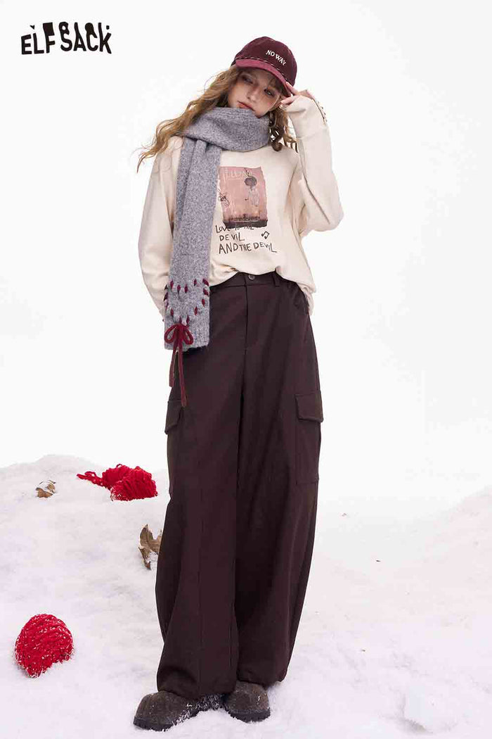 ELFSACK Minimalist Casual Loose Solid Large Pocket Cargo Pants