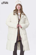 ELFSACK Minimalist Casual Preppy Stripe Lapel Long Down Coat